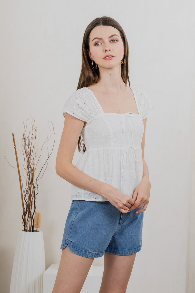 Lucille Eyelet Ribbon Top In White