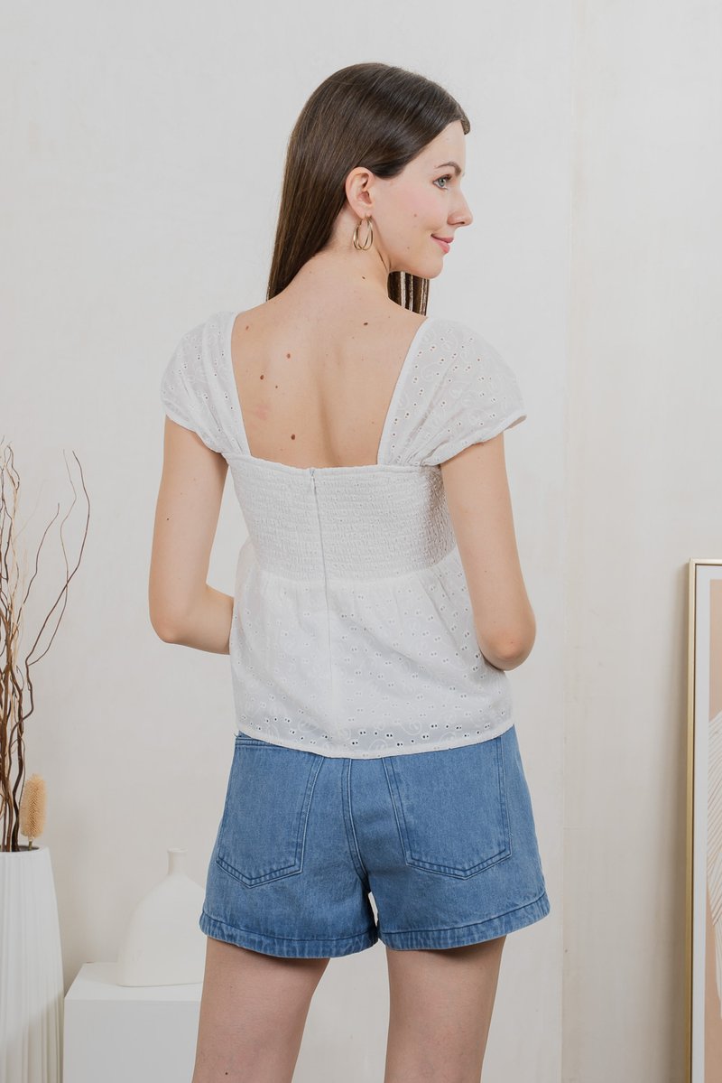 Lucille Eyelet Ribbon Top In White