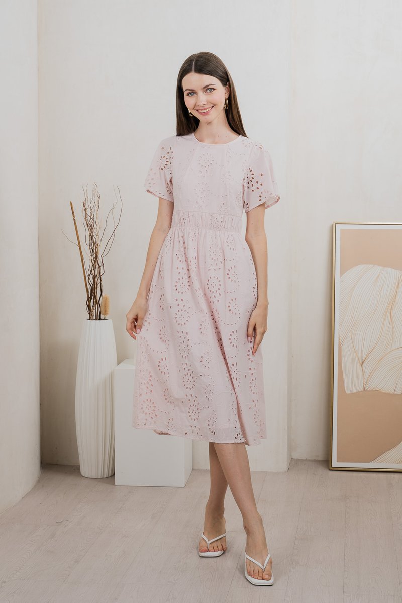 Emeris Eyelet Embroidery Midi Dress In Light Pink