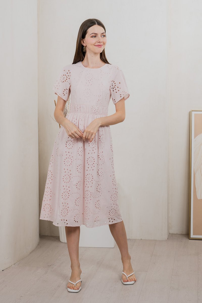 Emeris Eyelet Embroidery Midi Dress In Light Pink