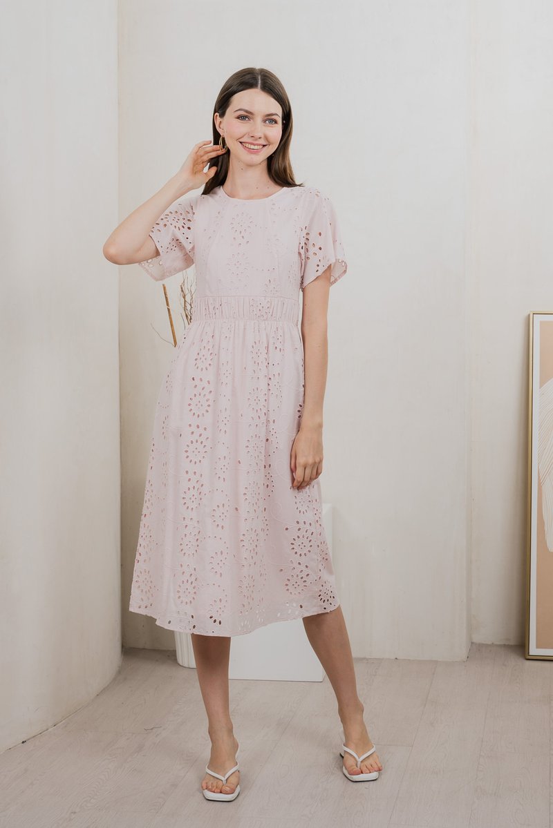 Emeris Eyelet Embroidery Midi Dress In Light Pink