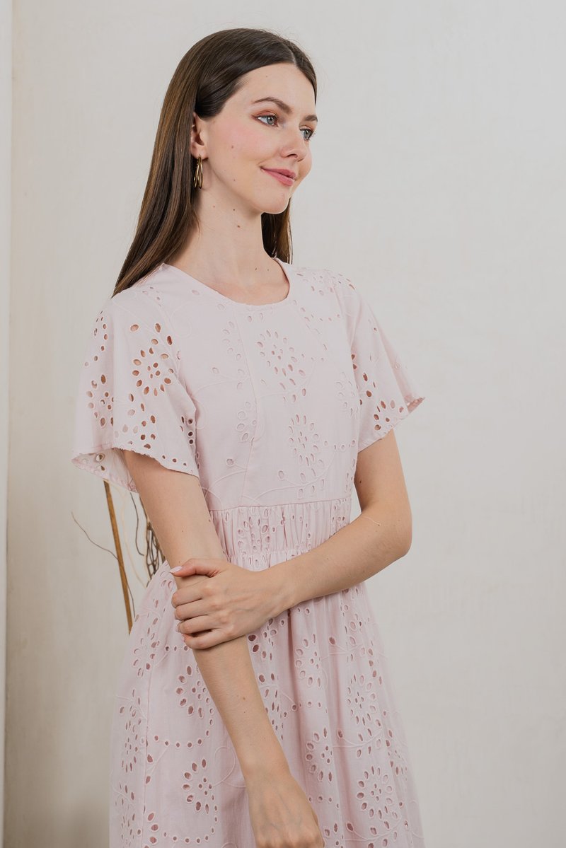 Emeris Eyelet Embroidery Midi Dress In Light Pink