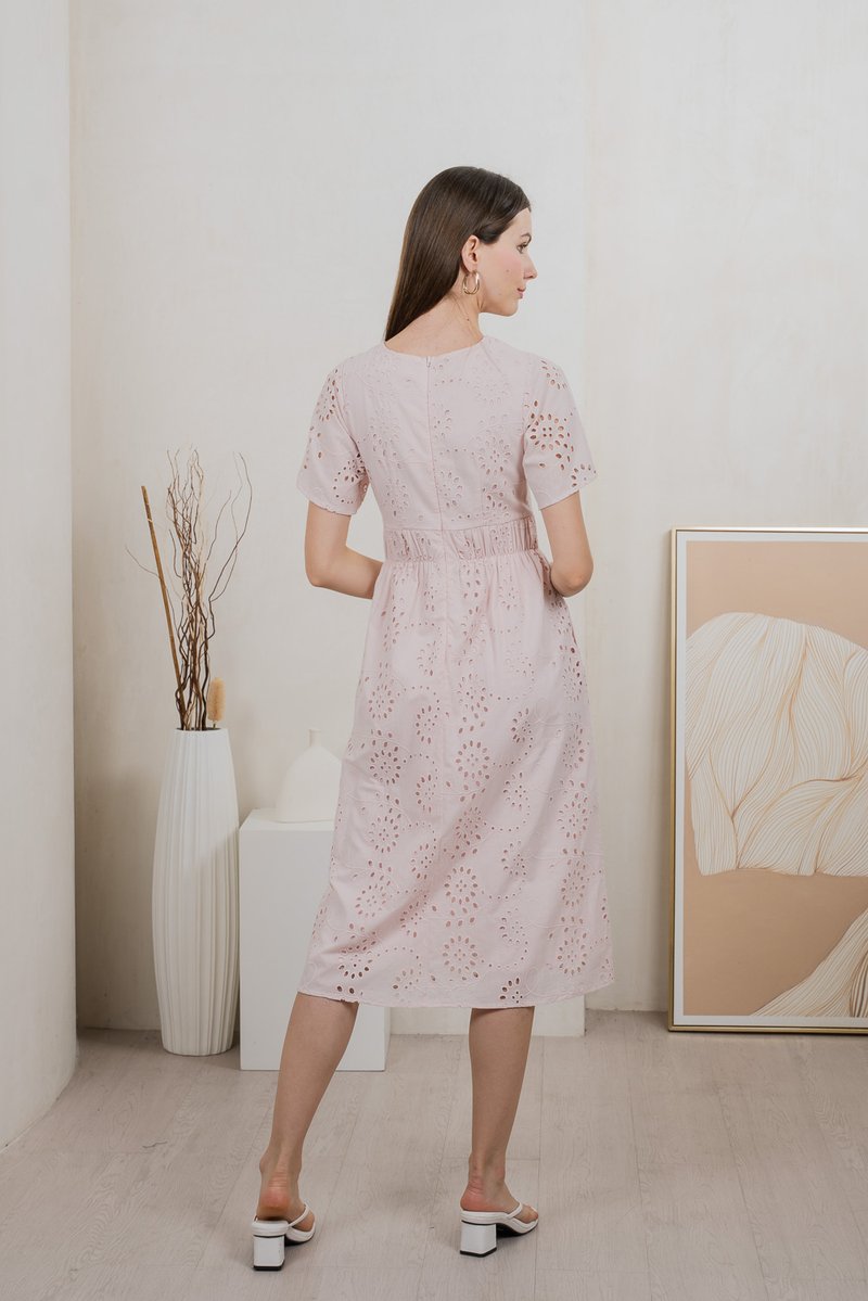 Emeris Eyelet Embroidery Midi Dress In Light Pink
