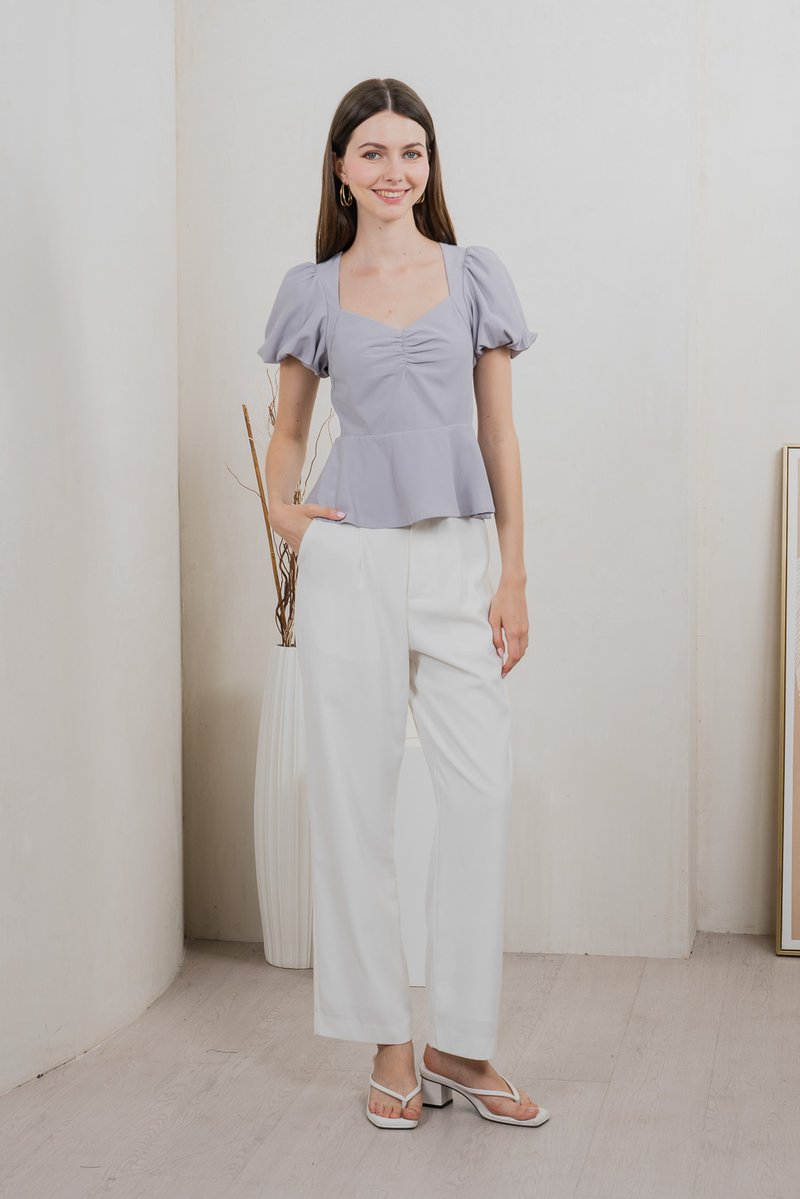 Patrice Sweetheart Puff Sleeves Top In Grey