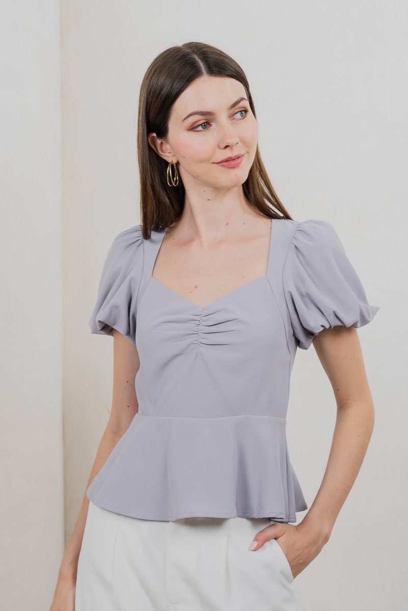 Patrice Sweetheart Puff Sleeves Top In Grey