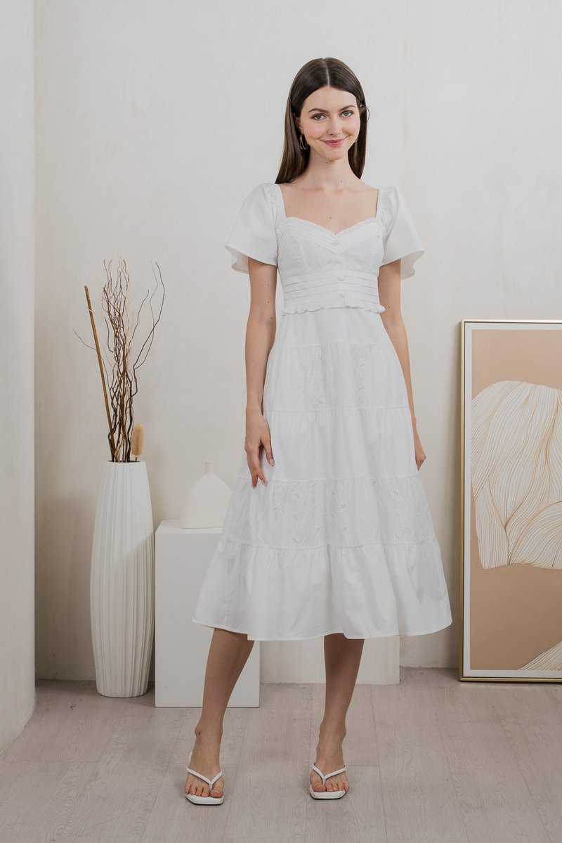 Perla Pintuck Eyelet Maxi Dress In White