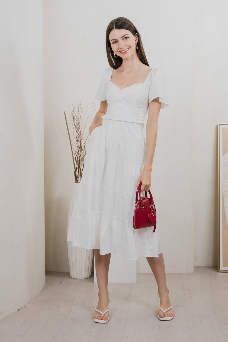 Perla Pintuck Eyelet Maxi Dress In White