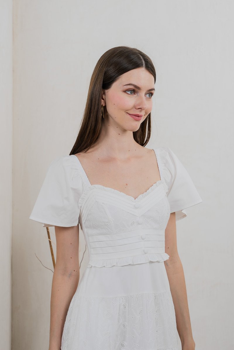 Perla Pintuck Eyelet Maxi Dress In White