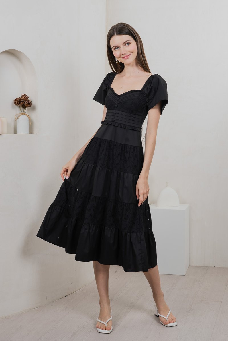 Perla Pintuck Eyelet Maxi Dress In Black