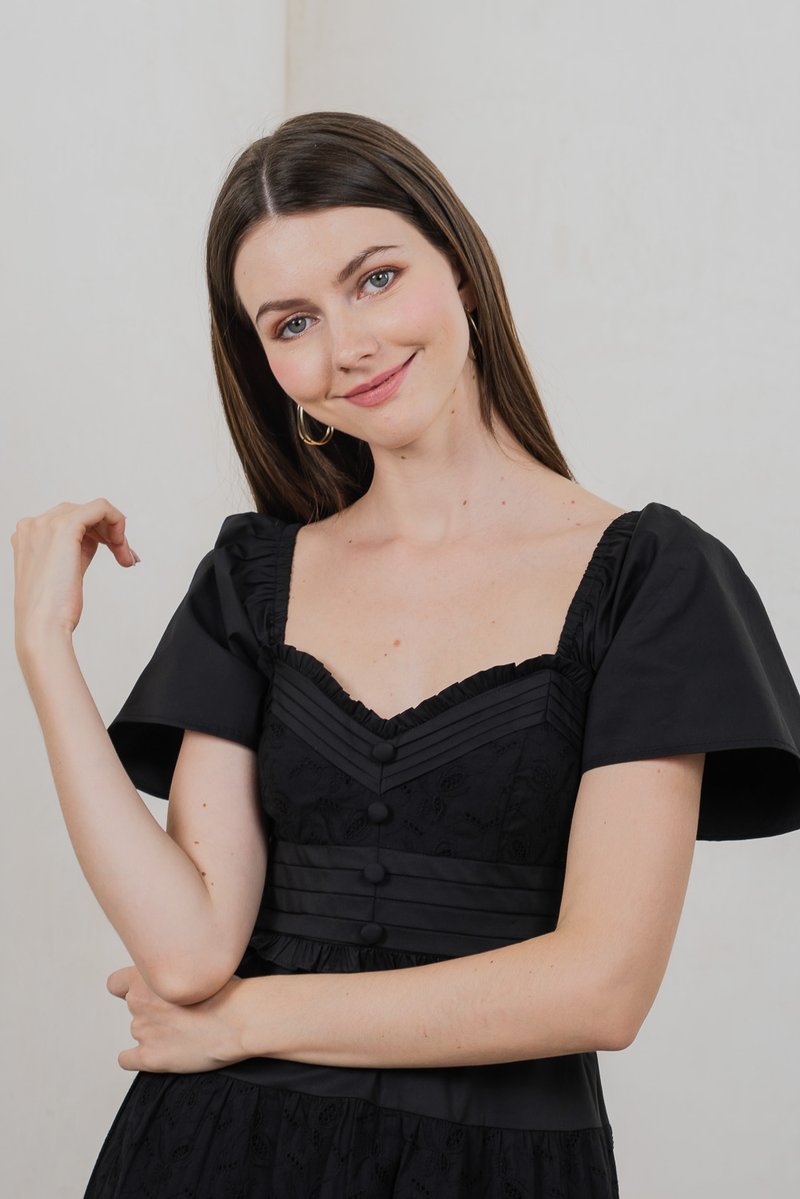 Perla Pintuck Eyelet Maxi Dress In Black