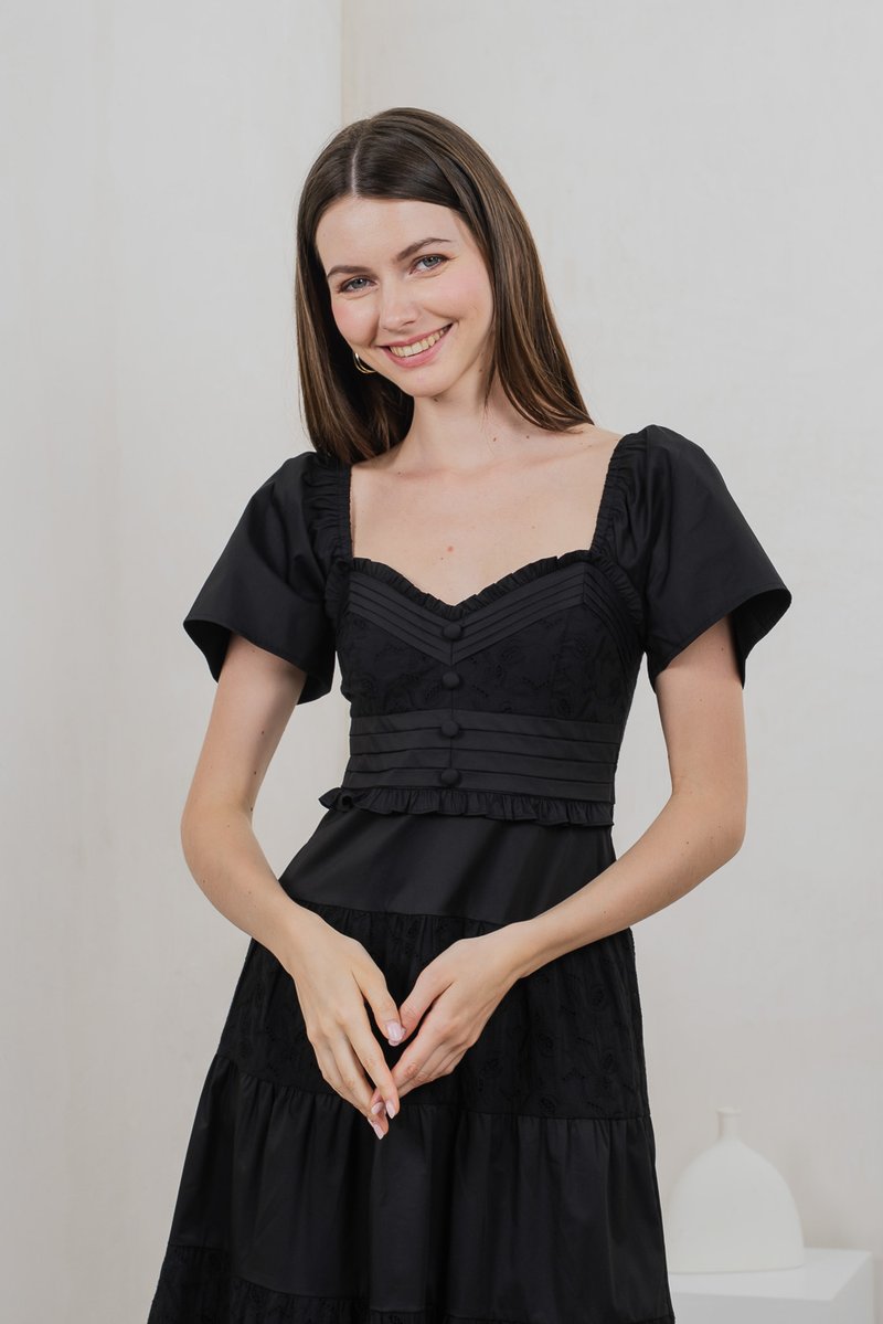 Perla Pintuck Eyelet Maxi Dress In Black