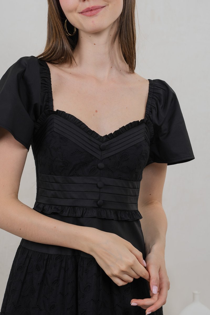 Perla Pintuck Eyelet Maxi Dress In Black
