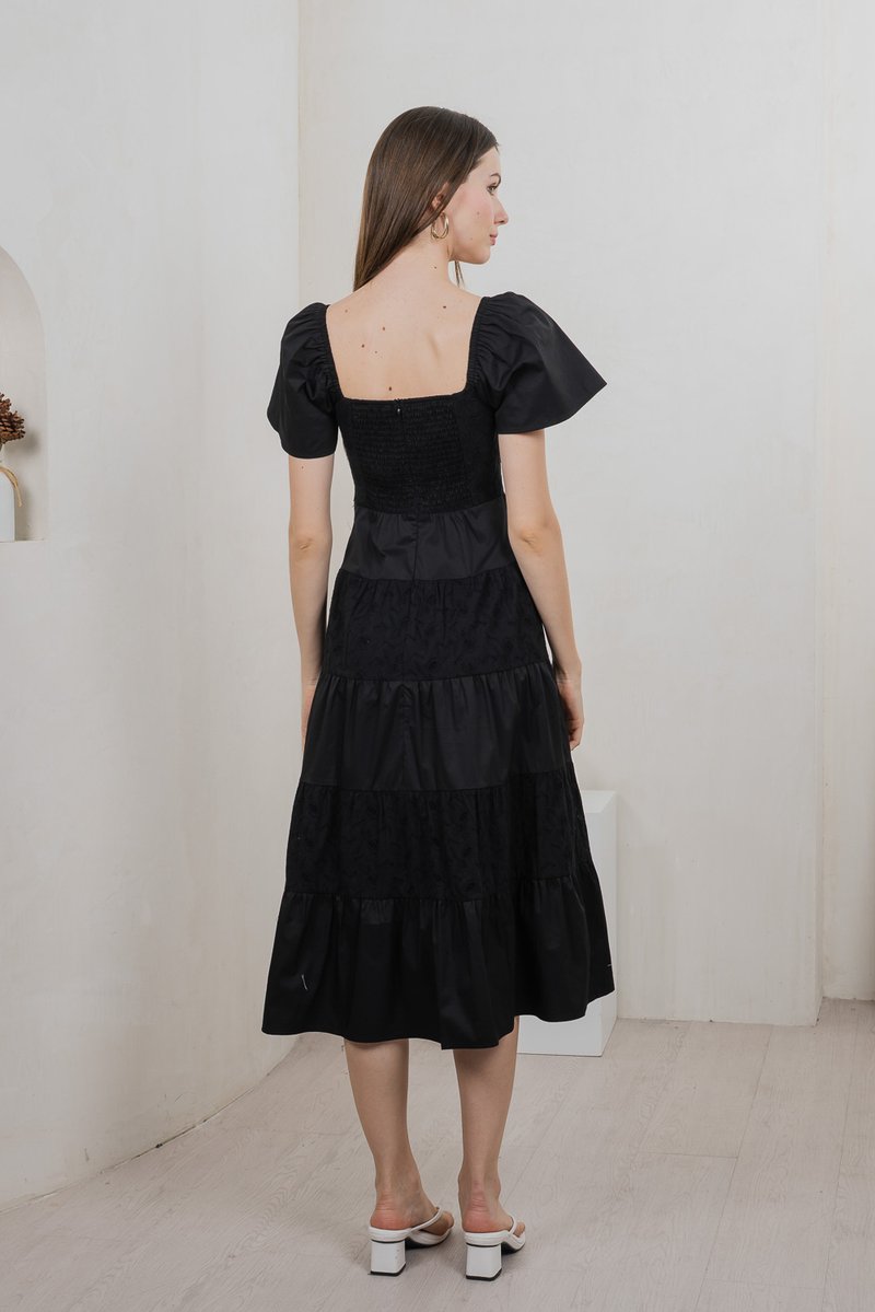 Perla Pintuck Eyelet Maxi Dress In Black