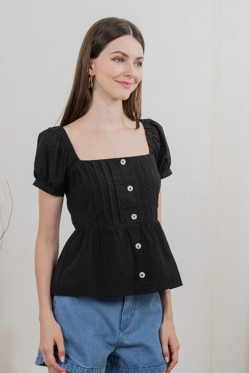Indigo Swissdot Pintuck Button Top In Black