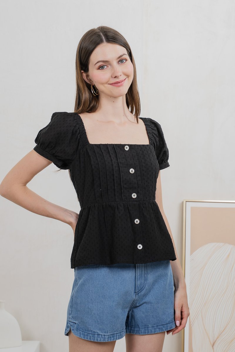 Indigo Swissdot Pintuck Button Top In Black
