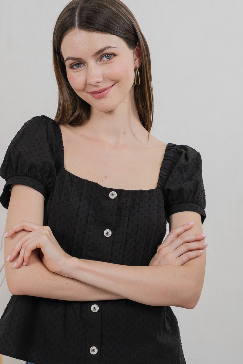 Indigo Swissdot Pintuck Button Top In Black