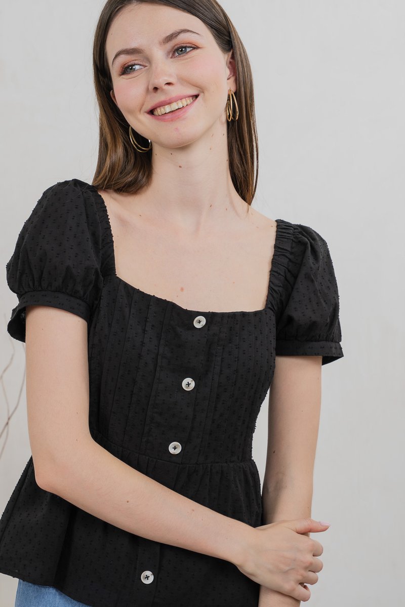 Indigo Swissdot Pintuck Button Top In Black