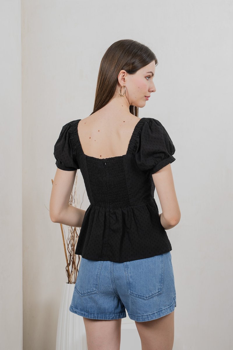 Indigo Swissdot Pintuck Button Top In Black
