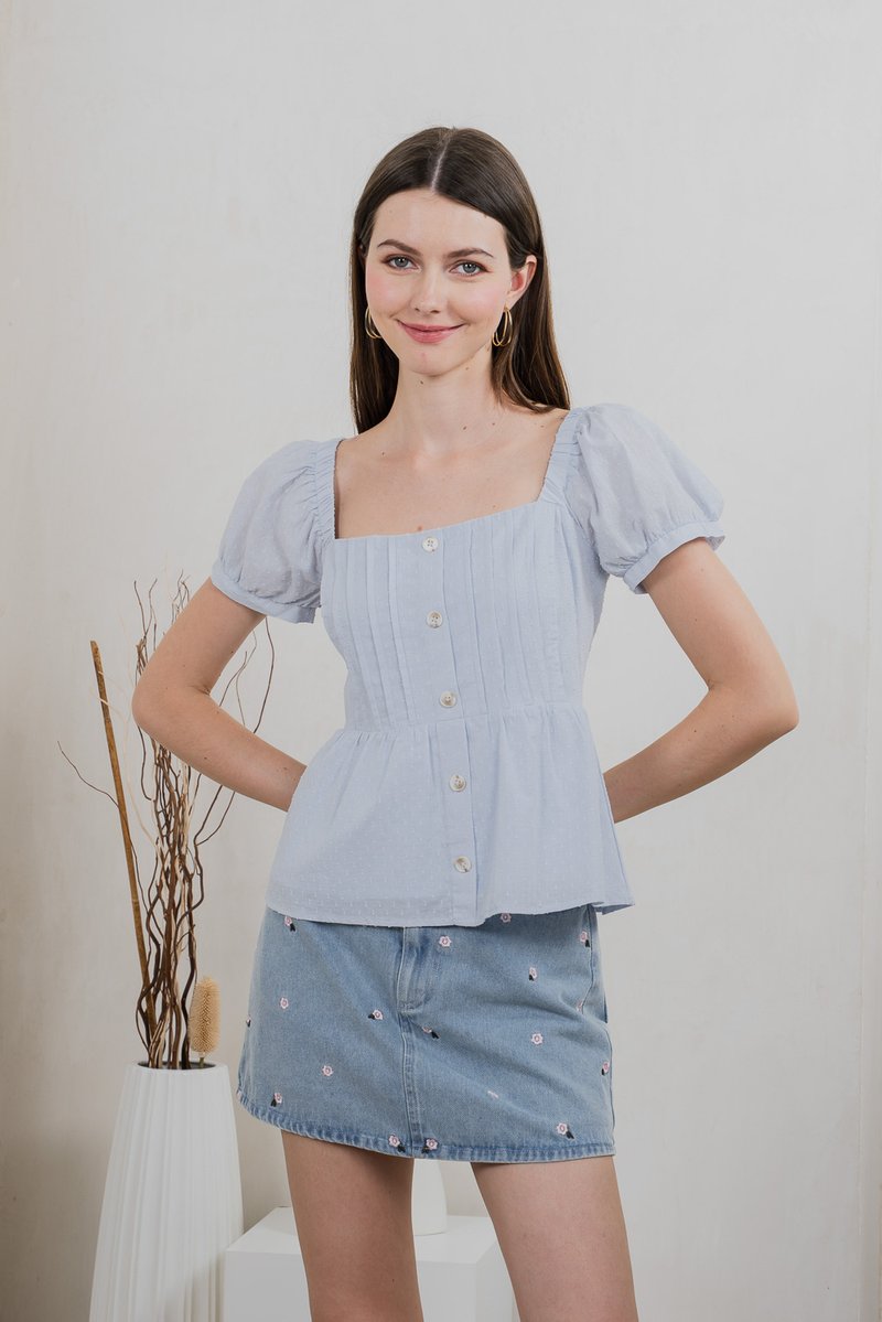 Indigo Swiss Dots Pintuck Button Top In Light Blue