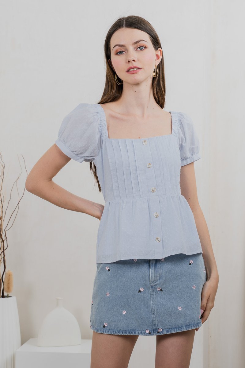 Indigo Swiss Dots Pintuck Button Top In Light Blue