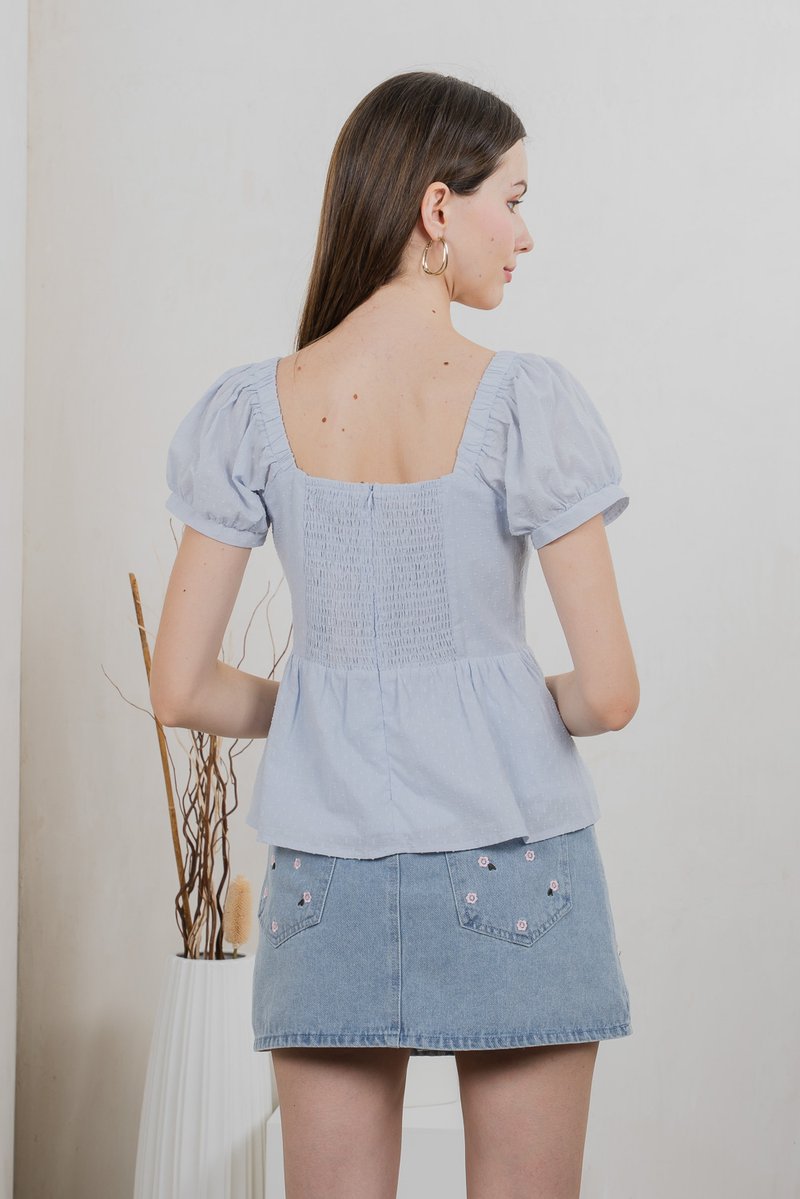 Indigo Swiss Dots Pintuck Button Top In Light Blue