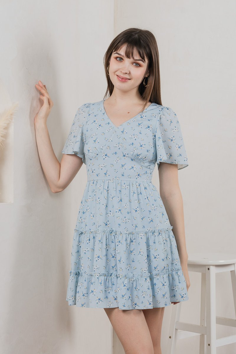 Etsuki Floral Tiered Ruffles Dress In Blue