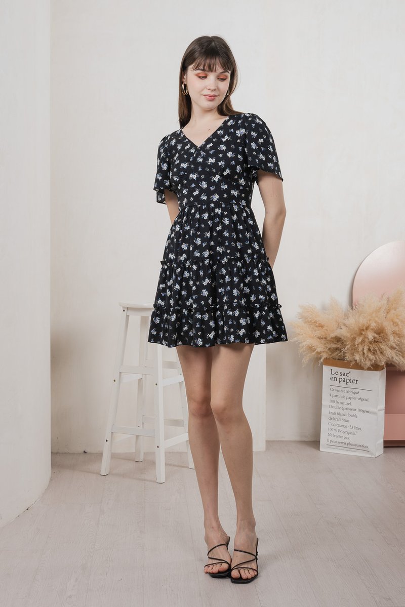 Etsuki Floral Tiered Ruffles Dress In Black