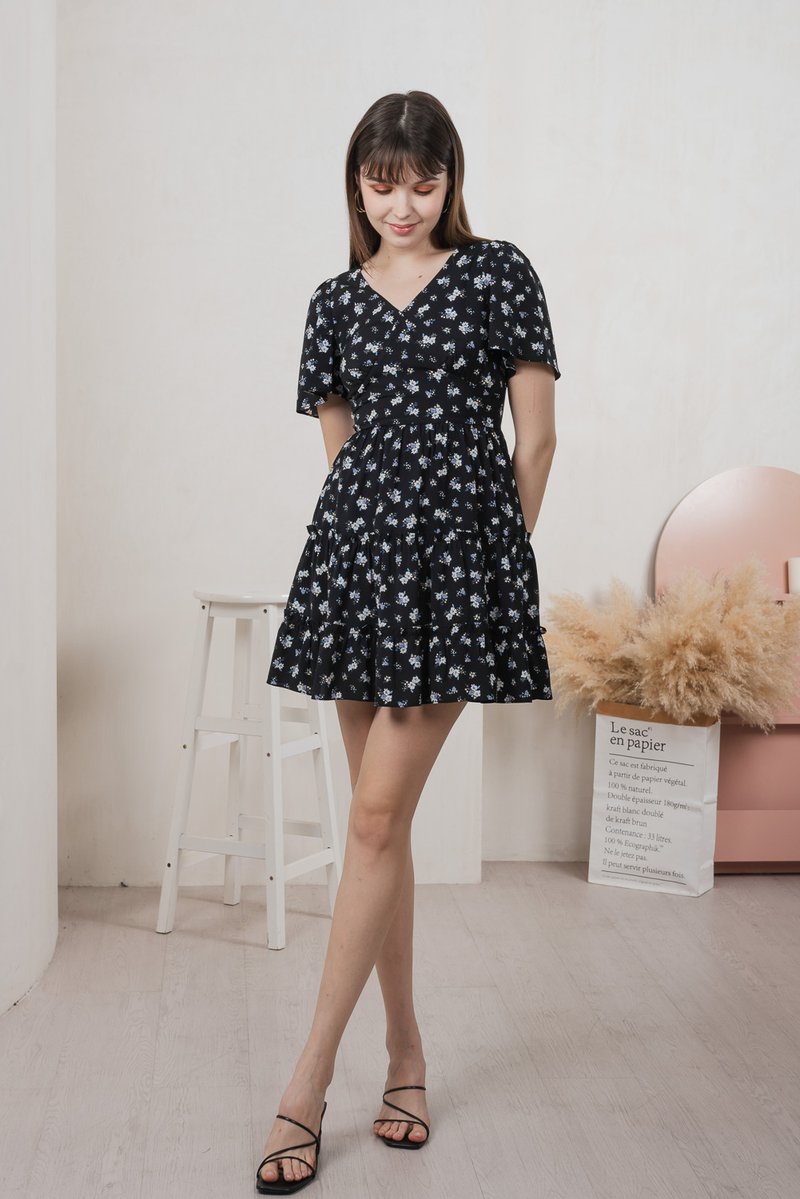 Etsuki Floral Tiered Ruffles Dress In Black