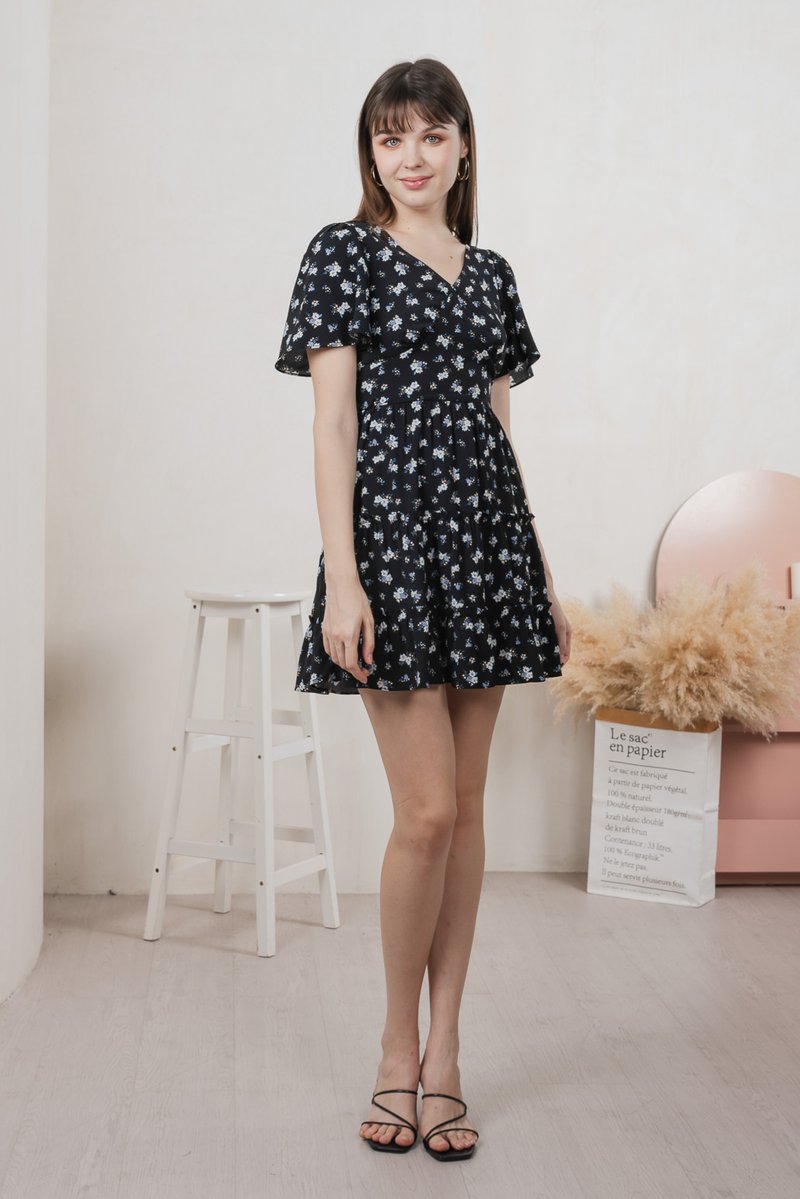 Etsuki Floral Tiered Ruffles Dress In Black