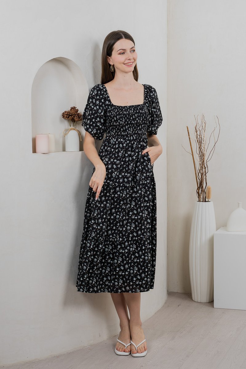Twyla Smocked Tiered Midi Dress In Black