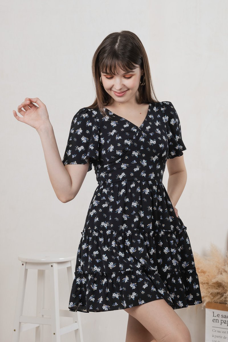 Etsuki Floral Tiered Ruffles Dress In Black