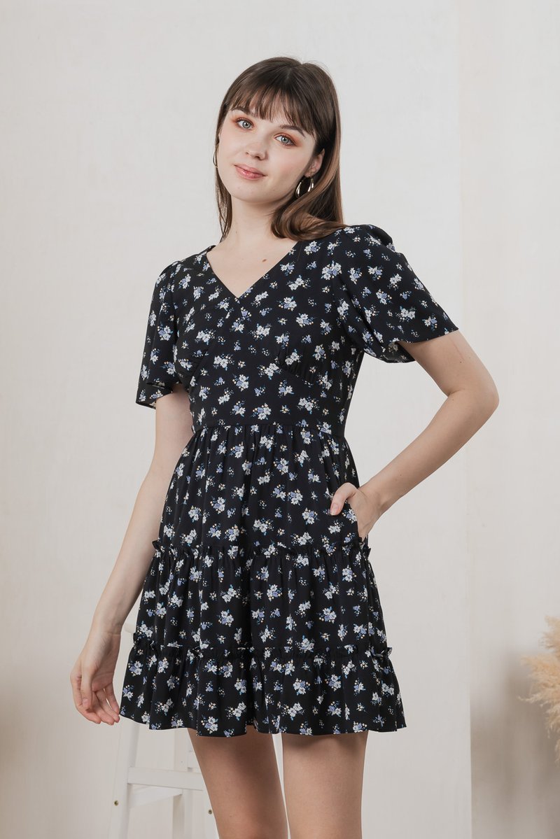 Etsuki Floral Tiered Ruffles Dress In Black