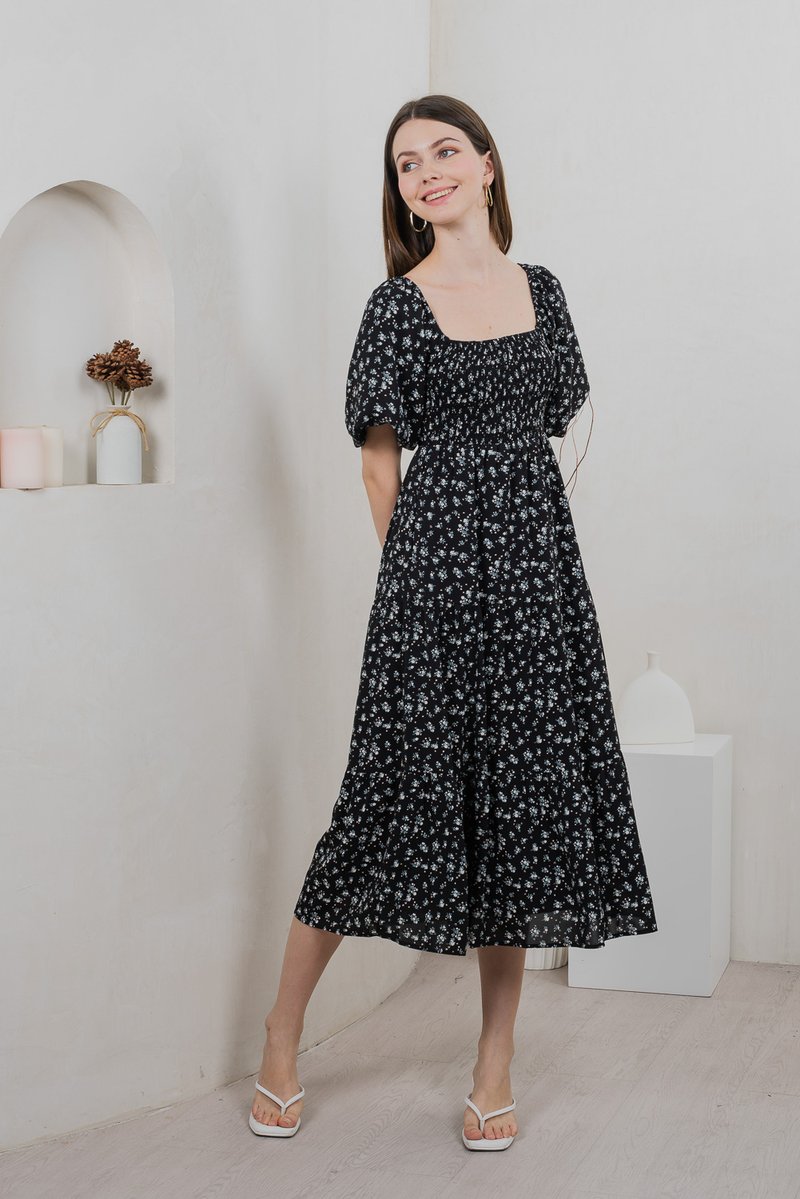 Twyla Smocked Tiered Midi Dress In Black
