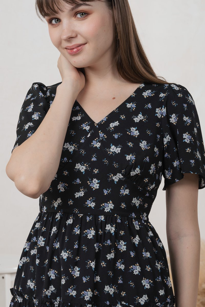 Etsuki Floral Tiered Ruffles Dress In Black