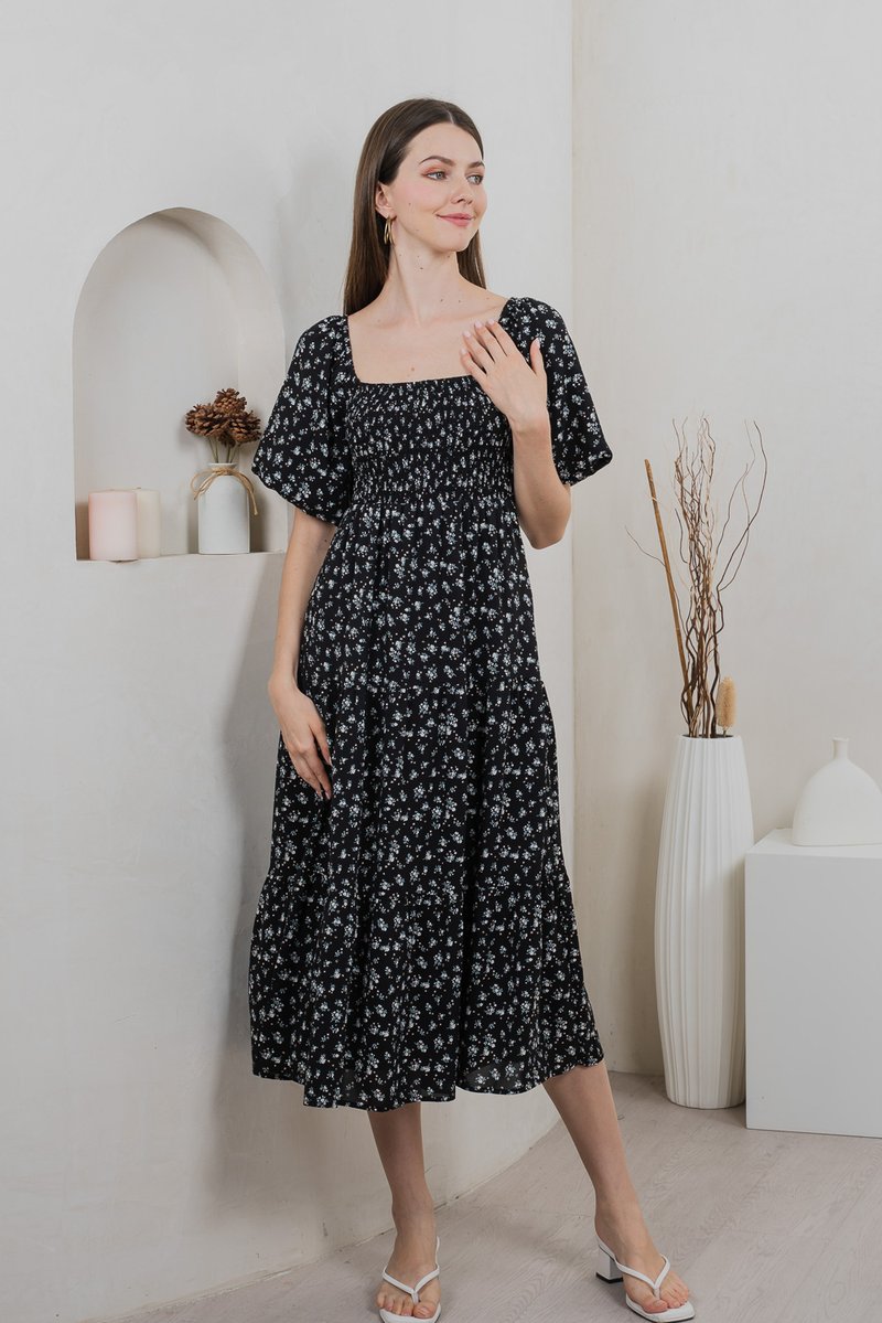 Twyla Smocked Tiered Midi Dress In Black