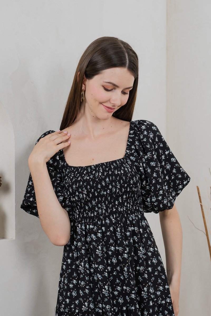 Twyla Smocked Tiered Midi Dress In Black