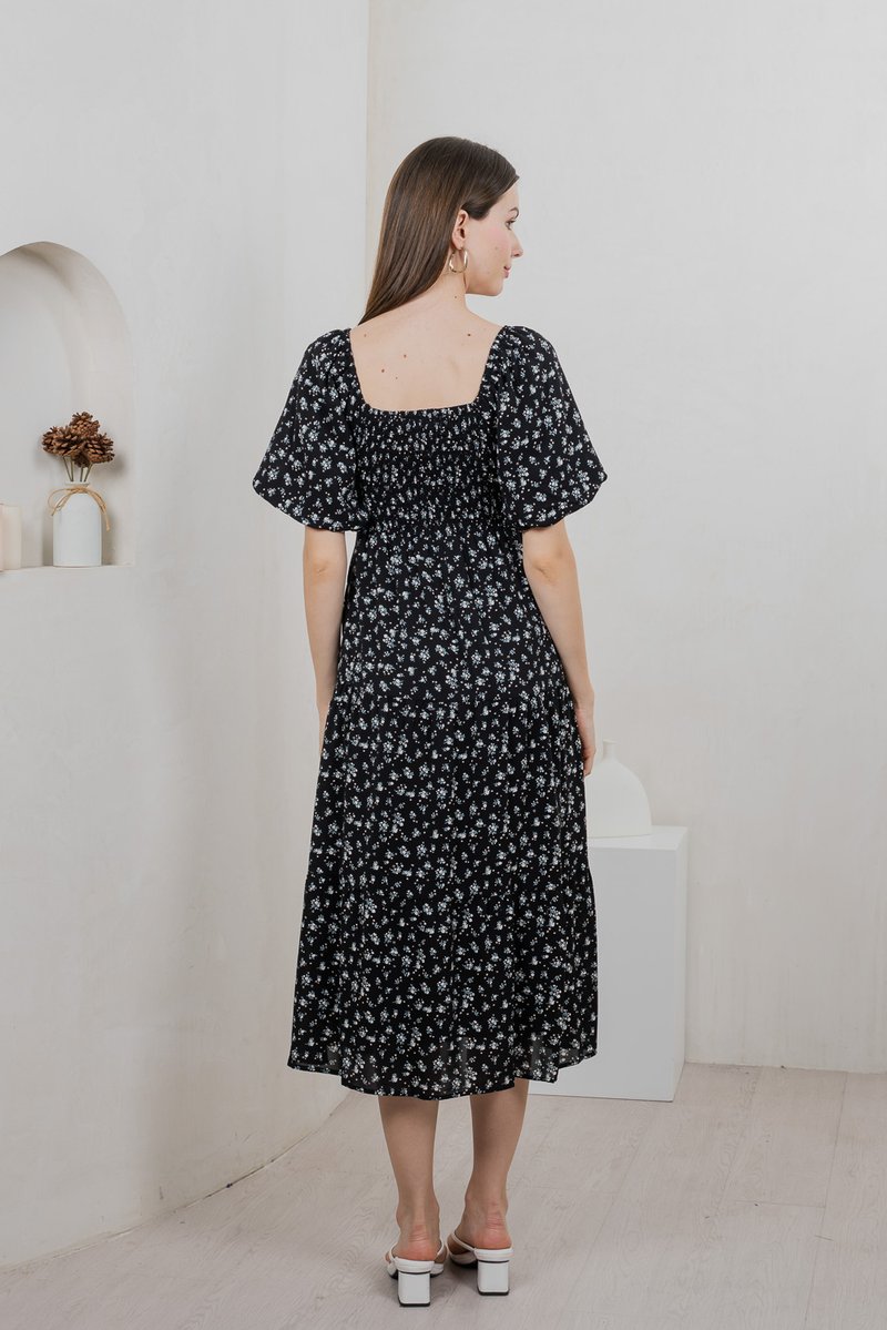 Twyla Smocked Tiered Midi Dress In Black