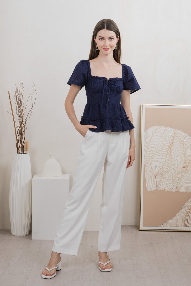 Estin Eyelet Embroidery Ribbon Top In Navy