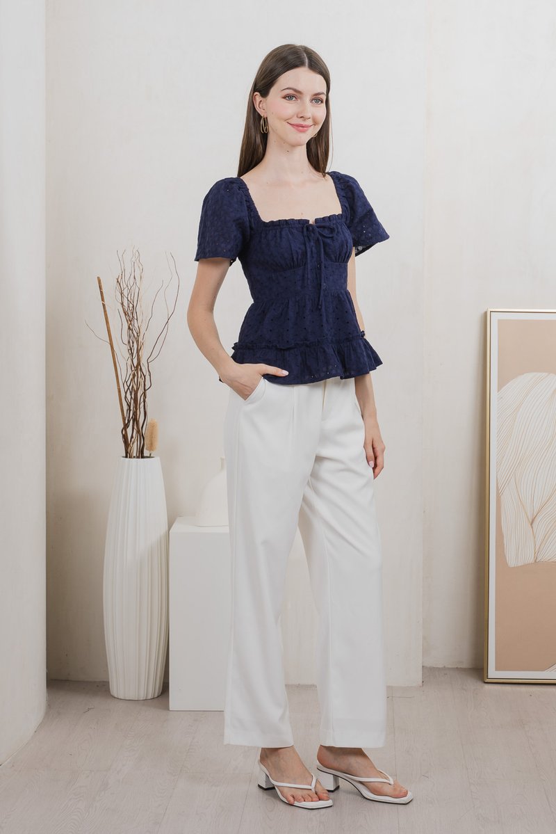 Estin Eyelet Embroidery Ribbon Top In Navy
