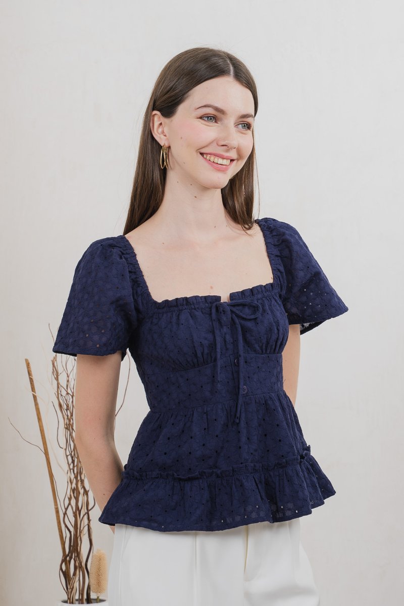 Estin Eyelet Embroidery Ribbon Top In Navy
