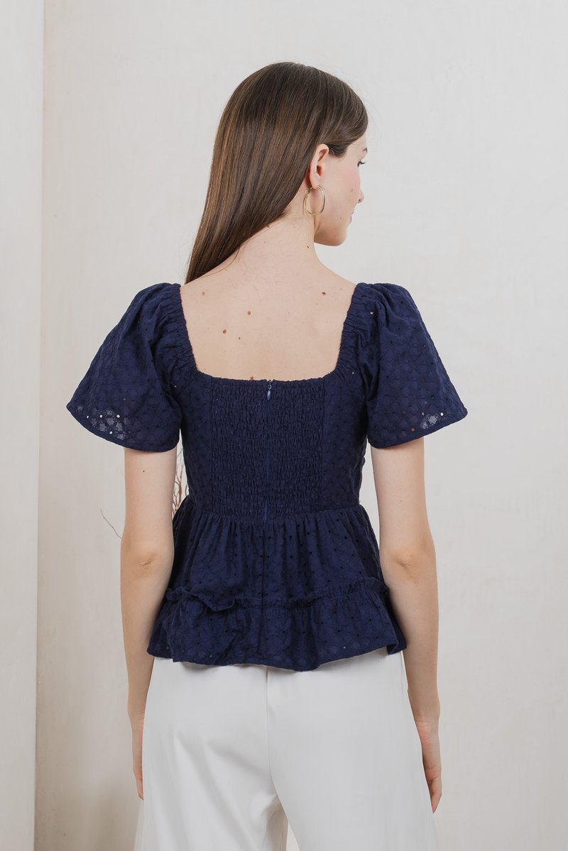 Estin Eyelet Embroidery Ribbon Top In Navy