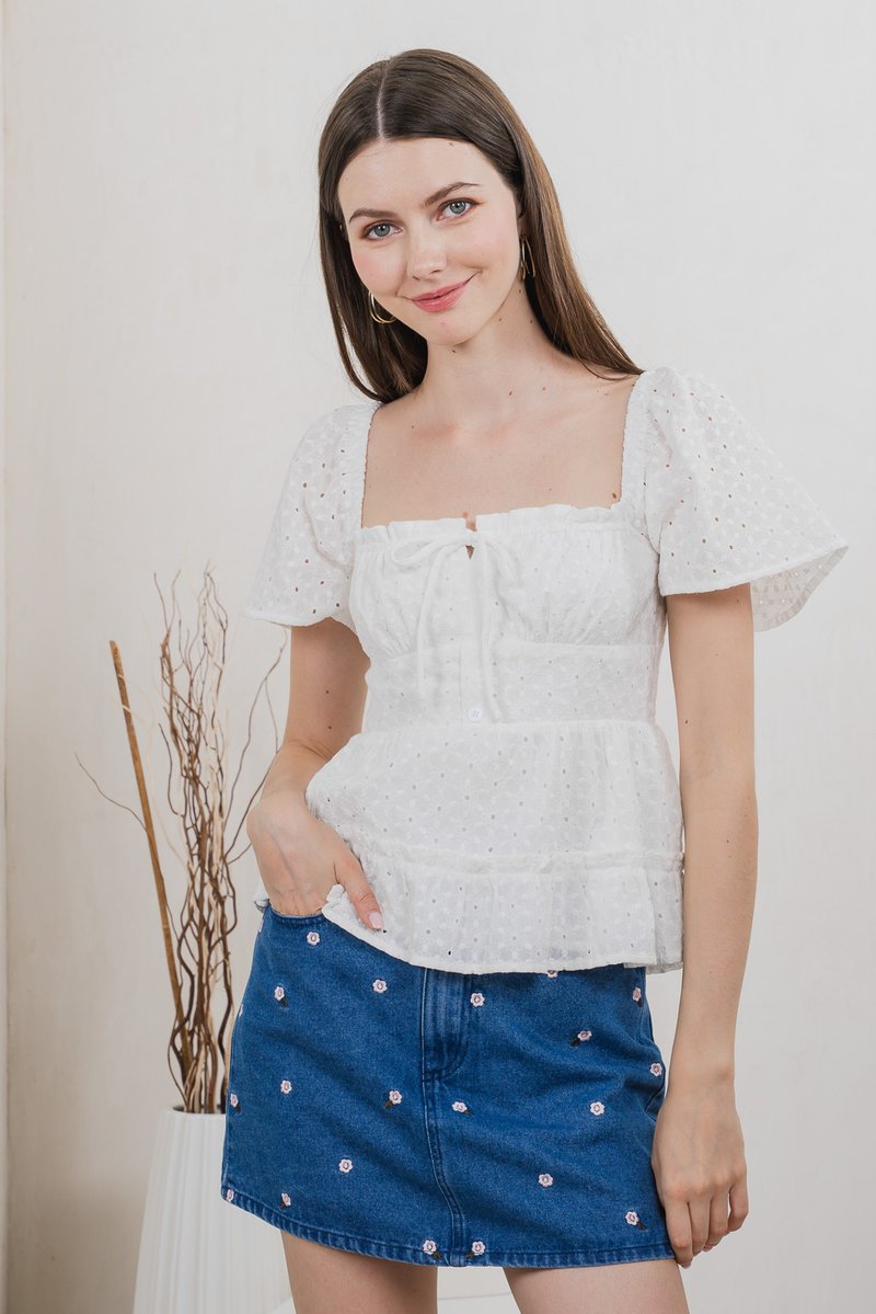 Estin Eyelet Embroidery Ribbon Top In White