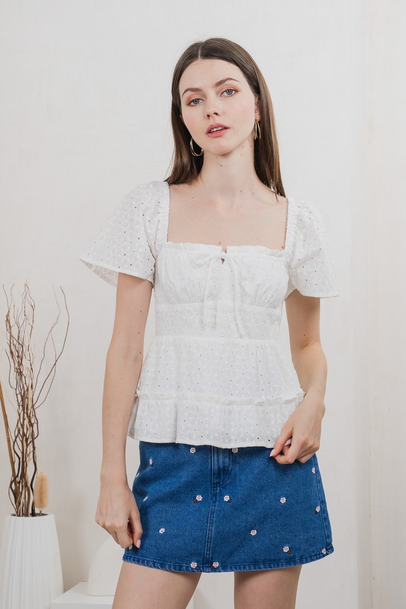 Estin Eyelet Embroidery Ribbon Top In White