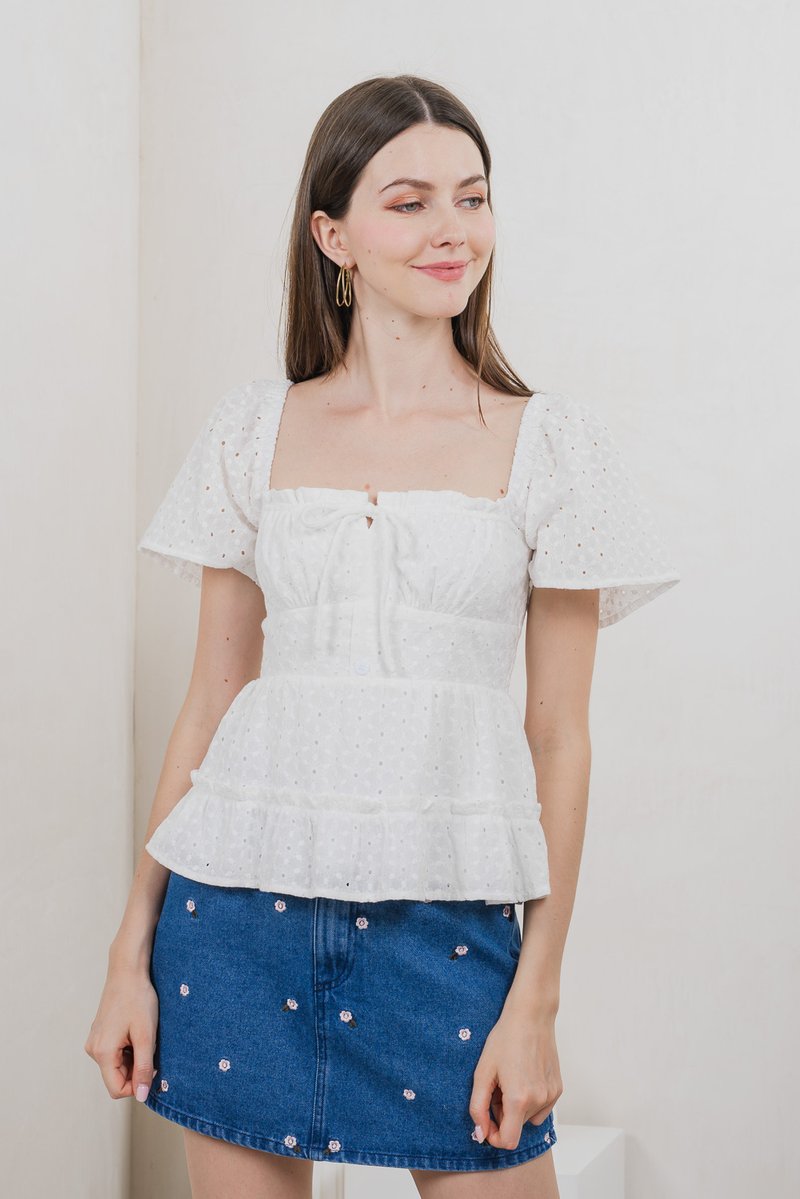 Estin Eyelet Embroidery Ribbon Top In White