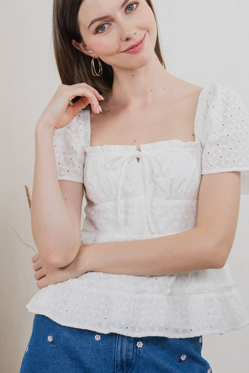 Estin Eyelet Embroidery Ribbon Top In White