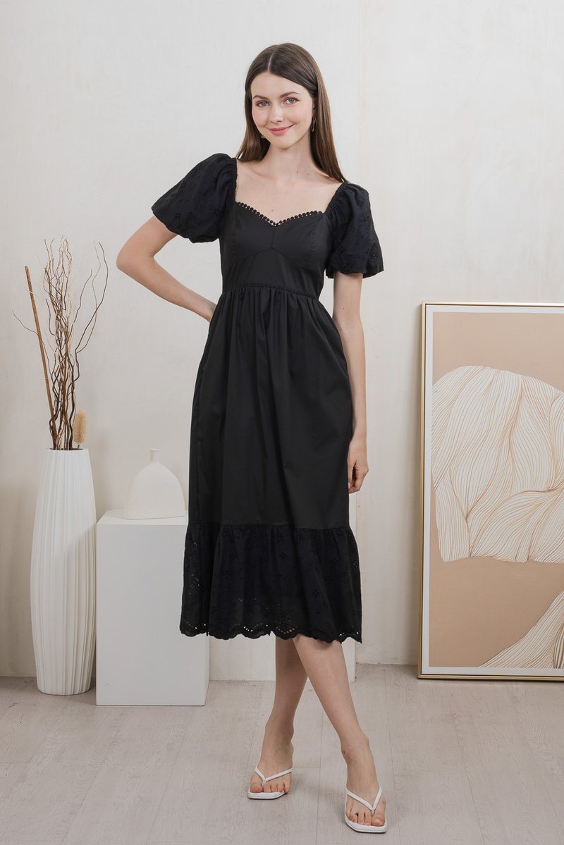 Everett Mixed Fabric Empire Midi Dress In Black