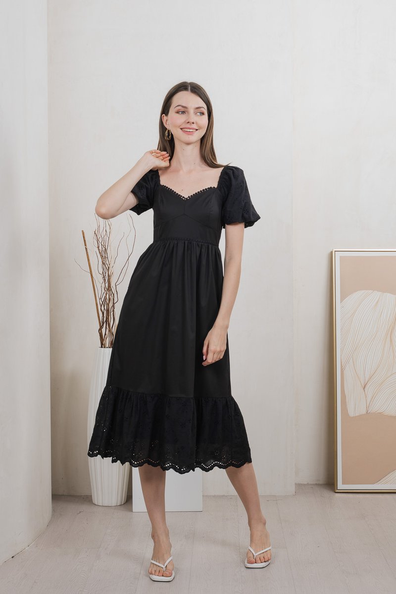 Everett Mixed Fabric Empire Midi Dress In Black