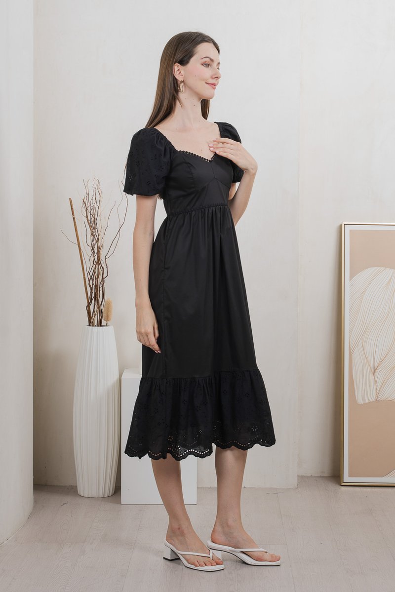 Everett Mixed Fabric Empire Midi Dress In Black