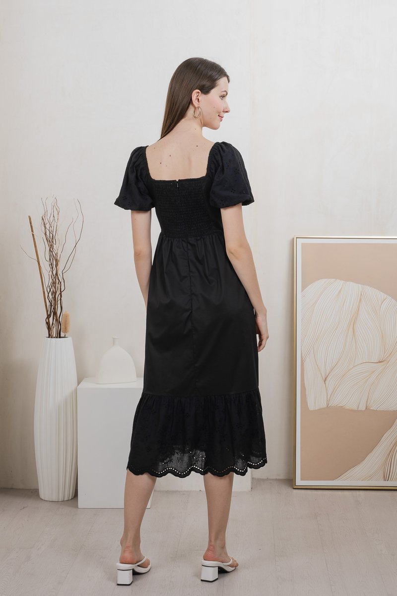 Everett Mixed Fabric Empire Midi Dress In Black