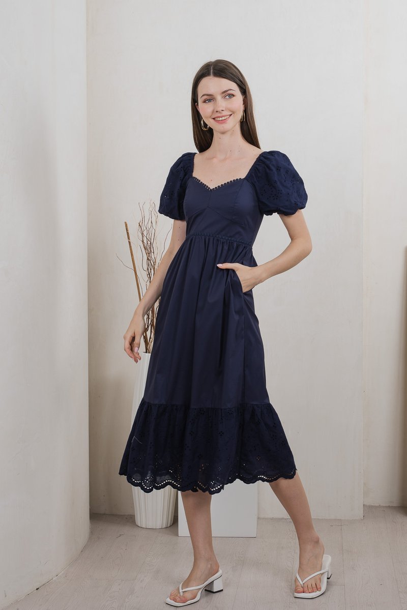Everett Mixed Fabric Empire Midi Dress In Navy